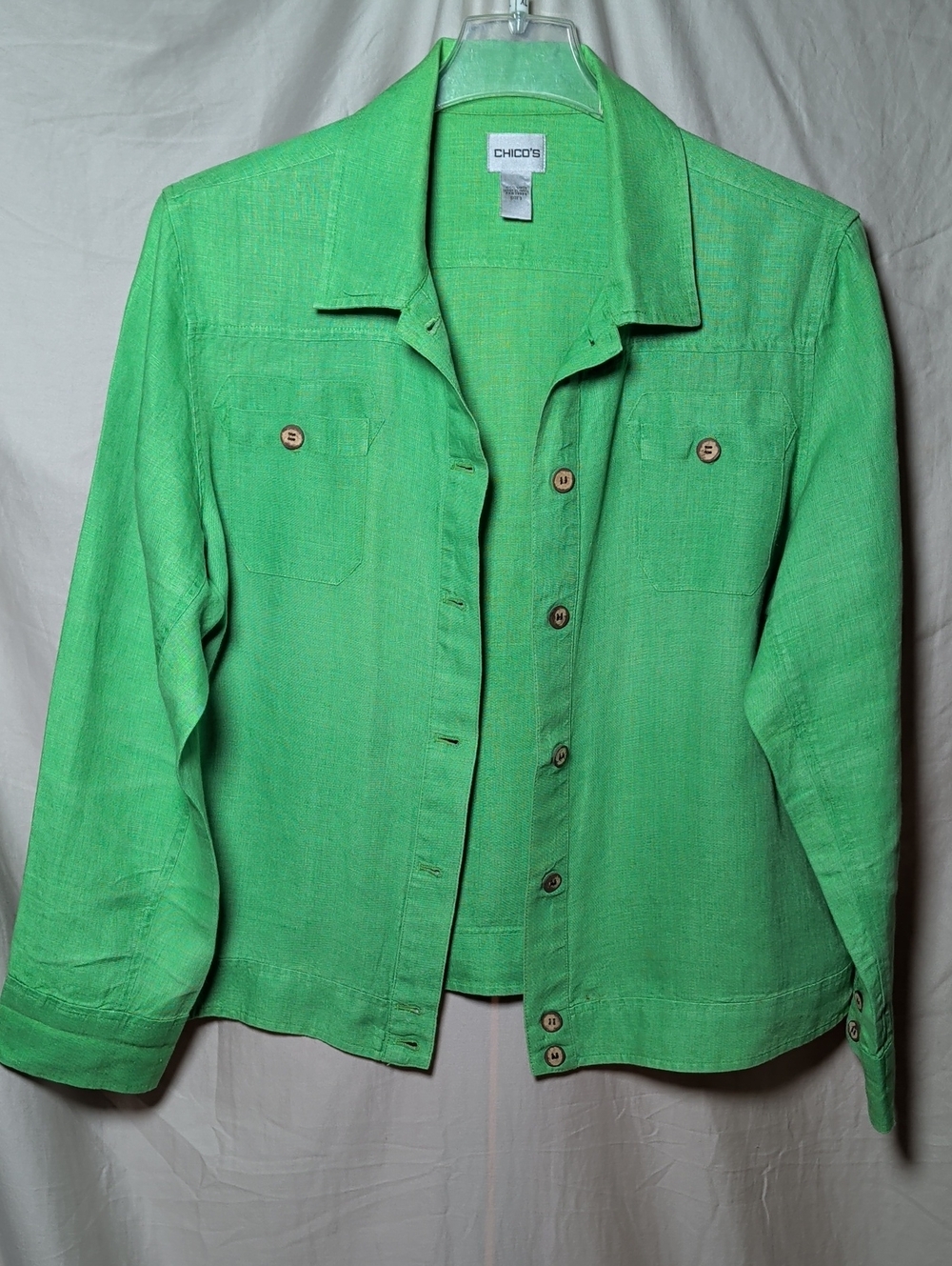 Chico's Linen Bright Green Button-Down Women's Shirt Jacket Chic Layering Wear